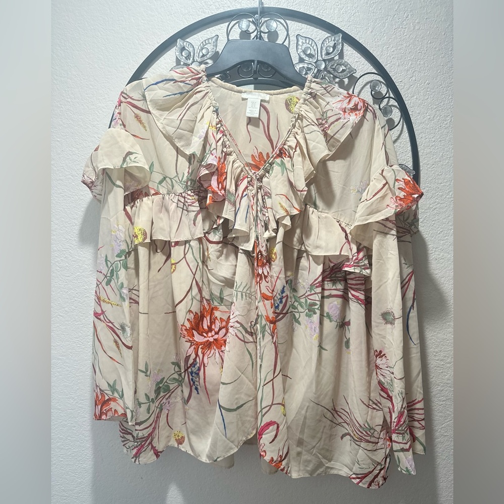 H&M Oversized Floral Ruffle Blouse - Cream and Red Print